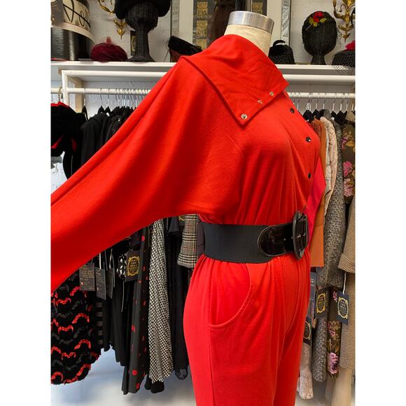 vintage 1980s red jersey jumpsuit by fantaseas medium snap front avant garde 80s - Picture 3 of 10